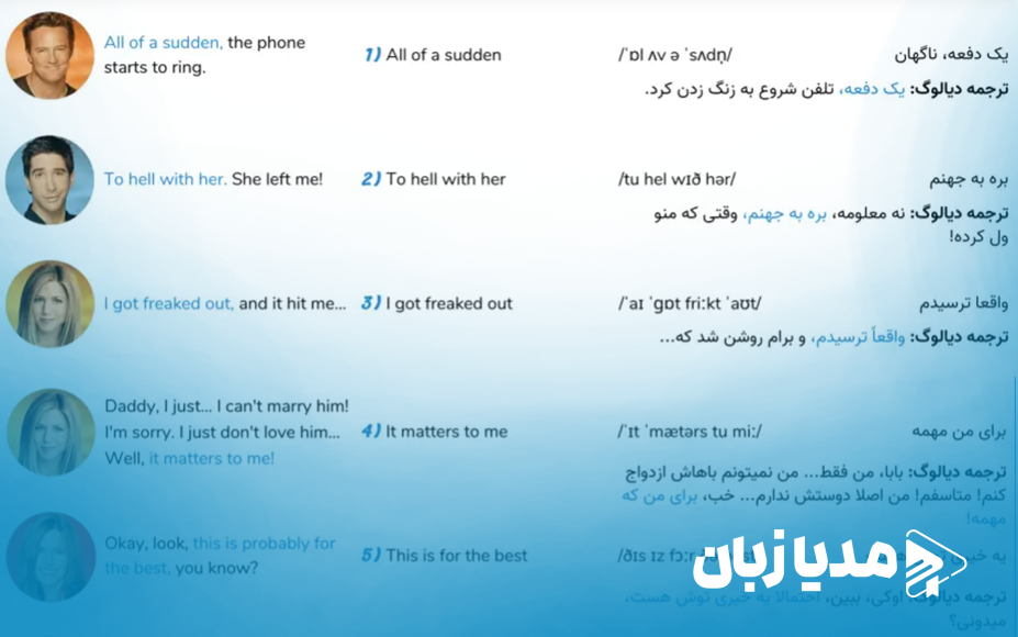 پرکاربردترین اصطلاحات سریال فرندز فصل اول (با ترجمه و مثال) | مدیا زبان